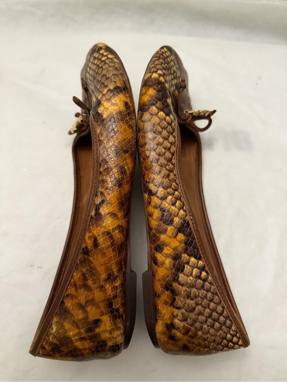 Tory Burch Brown & Tan Snakeskin-Print Ballet Flats with Gold Logo Charm, pre-ow